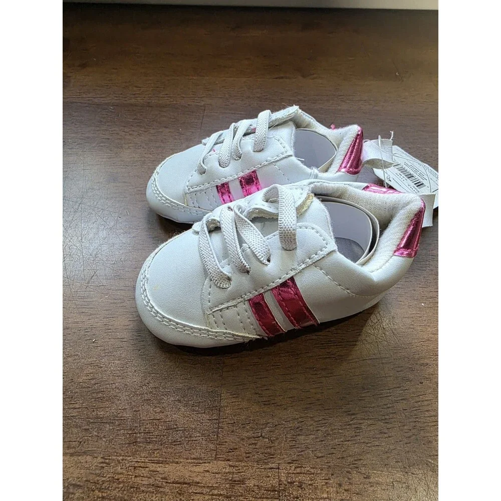Luvable Friends Baby Girls White Pink Striped Prewalker Crib Shoes Booties 0-6M